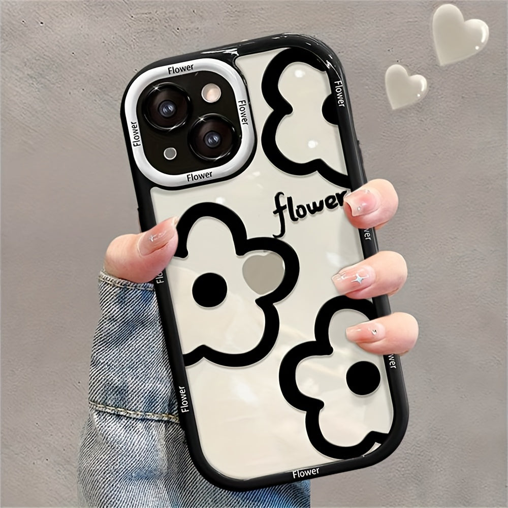 Stylish Adorable Cartoon Black Floral Heart Wrist Strap Clear Soft Case for Iphone Models 11, 12, 13, 14, 15, 16 Pro Max And Plus, Offering Shockproof Protection.